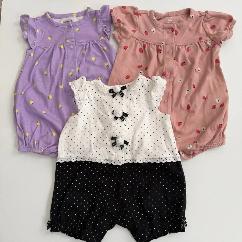 3x Carter’s Little Me romper ruffle puff short sleeve pink purple black